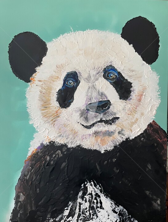Painting titled "Panda" by Daniel Lanoux, Original Artwork, Acrylic Mounted on Wood Stretcher frame