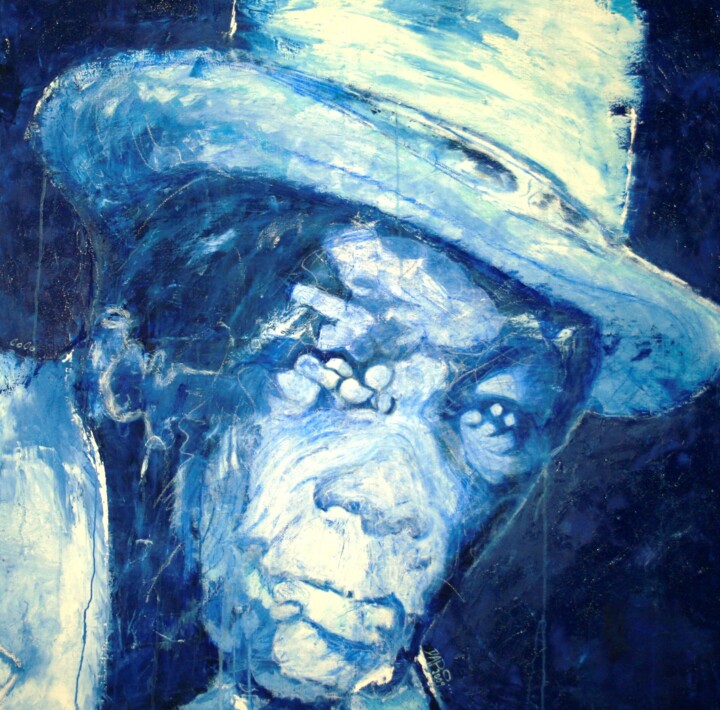 Schilderij getiteld "Jonh Lee Hooker" door Dapo, Origineel Kunstwerk, Olie Gemonteerd op Frame voor houten brancard
