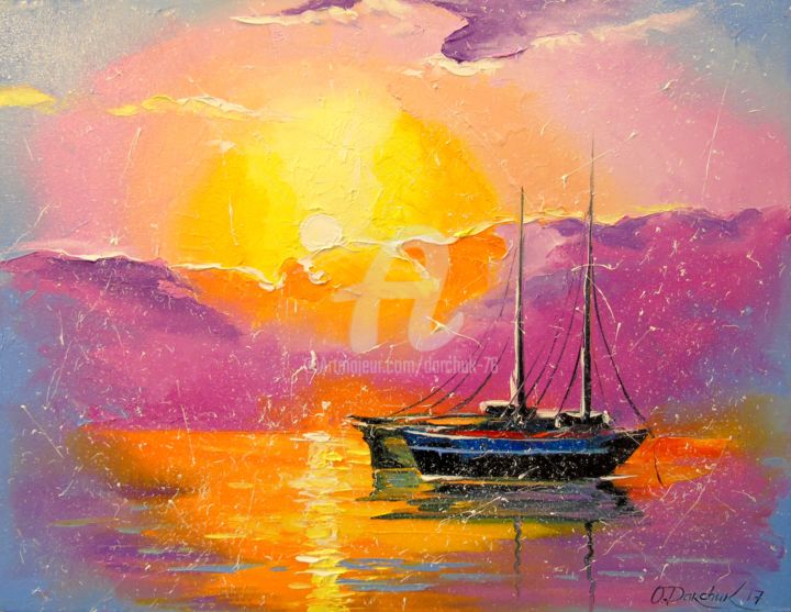 绘画 标题为“Pink sunset” 由Olha, 原创艺术品, 油 安装在木质担架架上