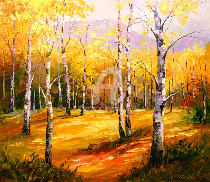 Painting titled "Birch    trees" by Olha, Original Artwork, Oil