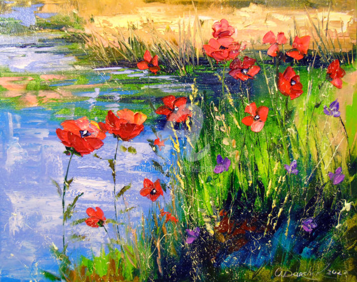 Painting titled "Poppies by the pond" by Olha, Original Artwork, Oil Mounted on Wood Stretcher frame