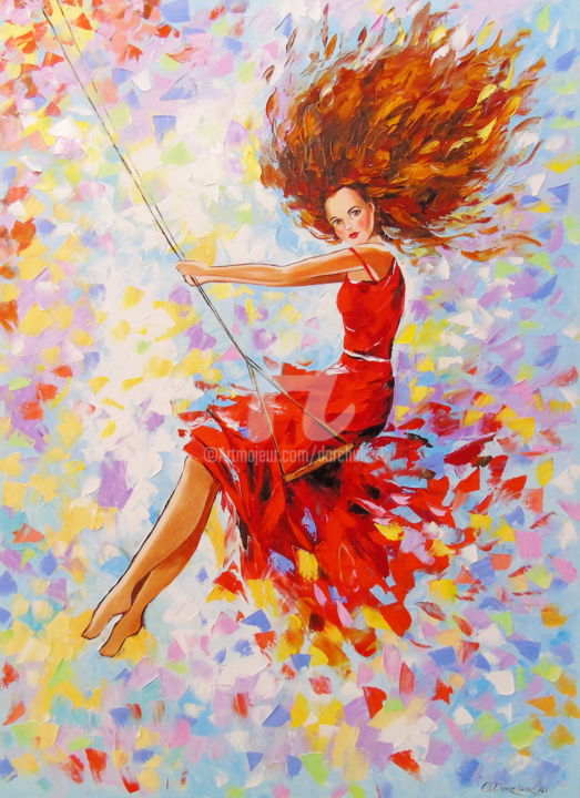 Pintura intitulada "Girl on a swing" por Olha, Obras de arte originais, Óleo