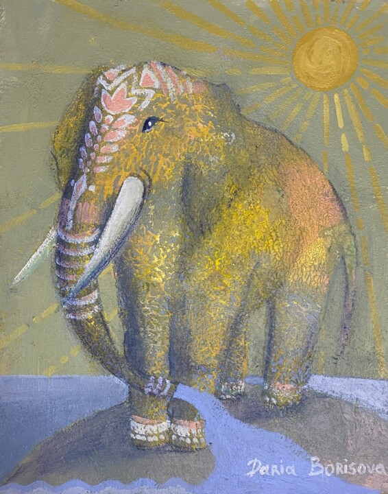 Malerei mit dem Titel "Golden Elephant and…" von Daria Borisova, Original-Kunstwerk, Acryl
