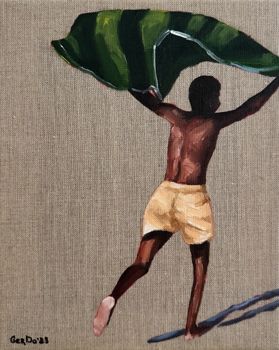 Painting titled "African Boy with a…" by Daria Gerasimova, Original Artwork, Oil Mounted on Wood Stretcher frame