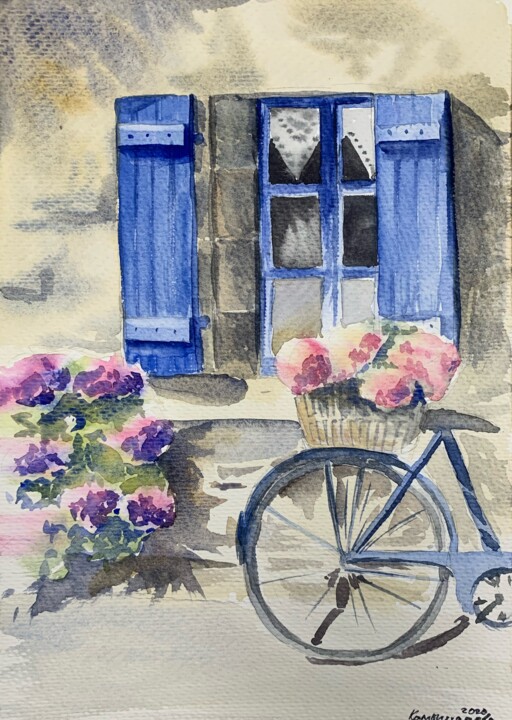 Malerei mit dem Titel "Bicycle by the wind…" von Daria Kamishanova, Original-Kunstwerk, Aquarell