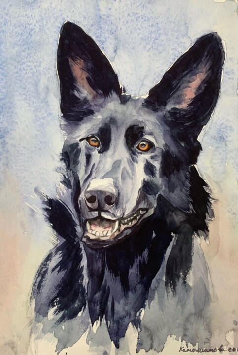 Painting titled "Black dog" by Daria Kamishanova, Original Artwork, Watercolor