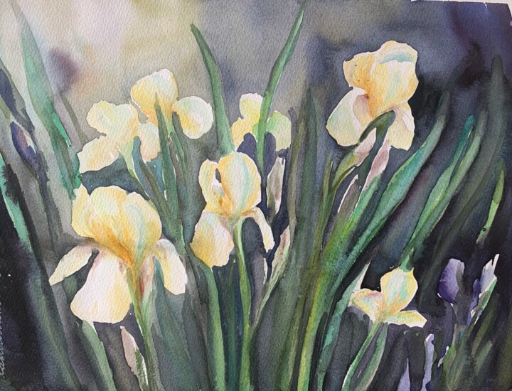 Pintura intitulada "Yellow irises" por Daria Kamishanova, Obras de arte originais, Aquarela
