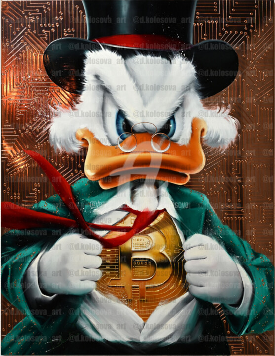 Картина под названием "Duck with Bitcoin (…" - Daria Kolosova, Подлинное произведение искусства, Масло Установлен на Деревян…