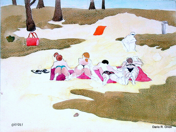 Malerei mit dem Titel "On the Beach" von Dario Raffaele Orioli, Original-Kunstwerk, Aquarell