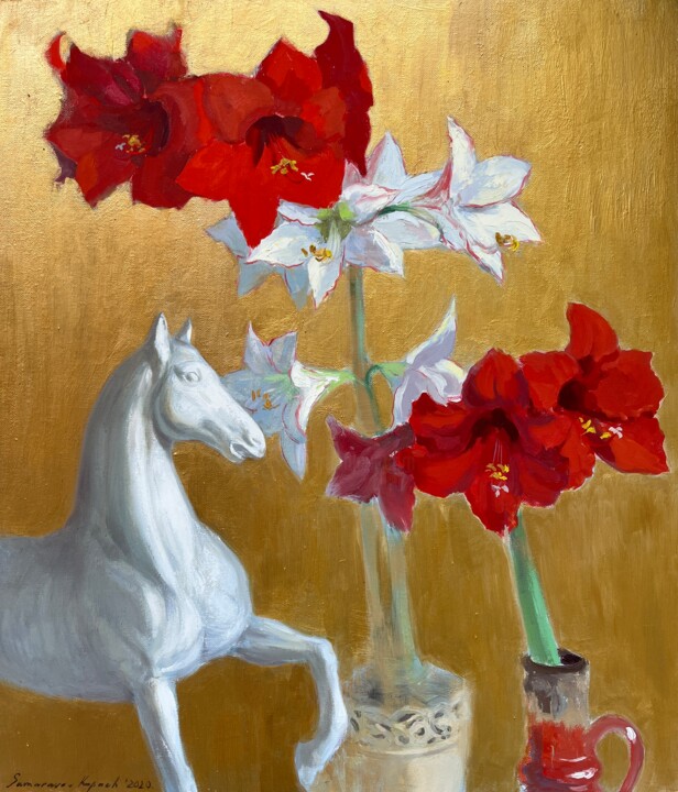 Картина под названием "“White and red “" - Darya Sumarava- Kopach, Подлинное произведение искусства, Масло Установлен на Дер…