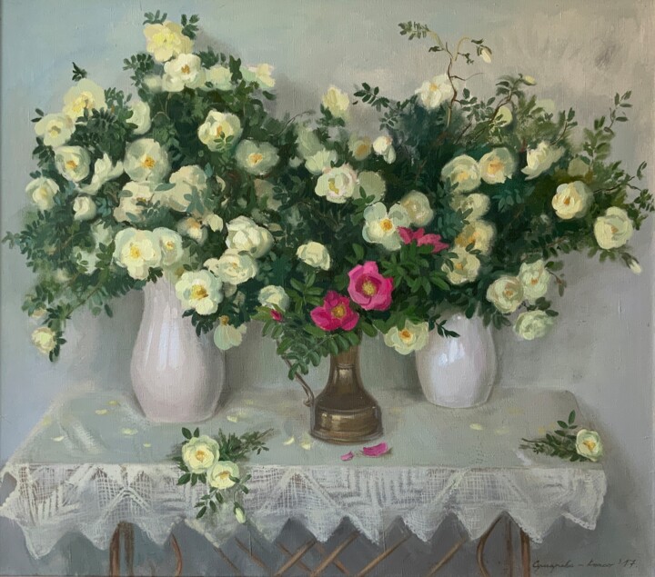 Painting titled "« White rose, wild…" by Darya Sumarava- Kopach, Original Artwork, Oil Mounted on Wood Stretcher frame