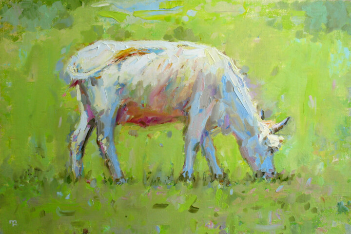 Schilderij getiteld "White Cow." door David Beglaryan, Origineel Kunstwerk, Olie Gemonteerd op Frame voor houten brancard