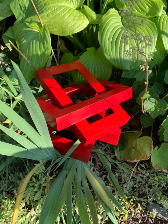 Sculpture titled "Red Tesseract" by David Goecke, Original Artwork, Aluminium