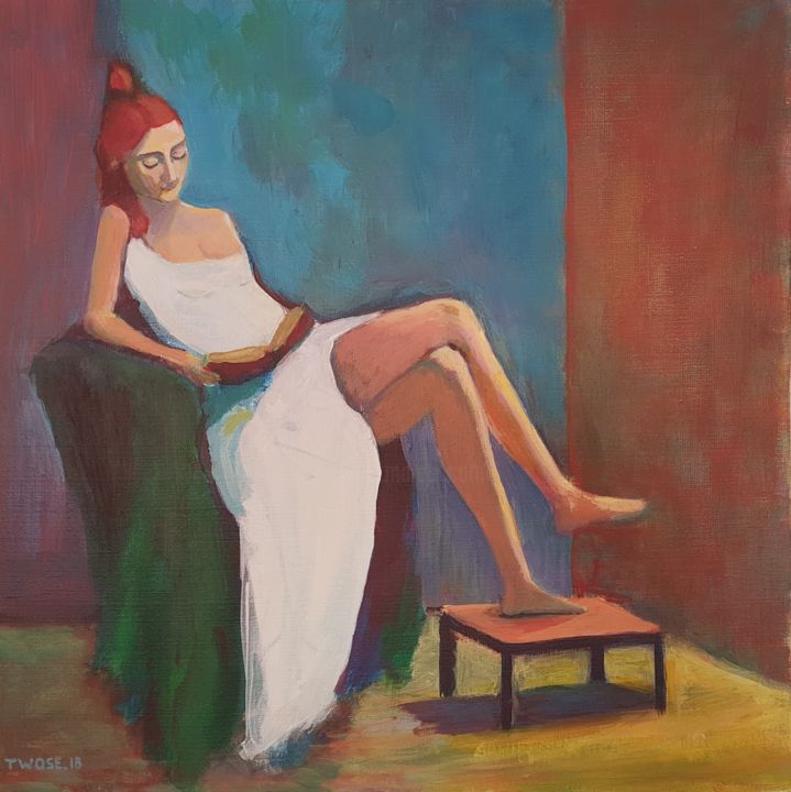 Painting titled "La Lectrice" by David Twose, Original Artwork, Acrylic