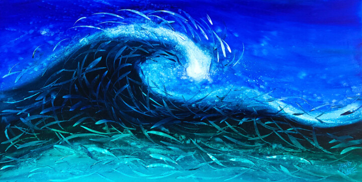 Painting titled "Wave Of Fish" by David Clare, Original Artwork, Oil Mounted on Wood Stretcher frame