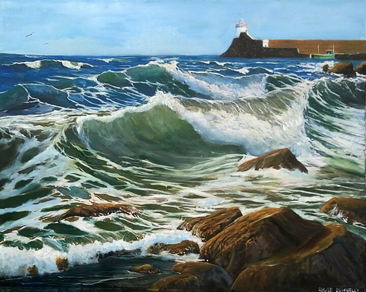 Malarstwo zatytułowany „Stormy seas at Balb…” autorstwa David Donnelly, Oryginalna praca, Olej Zamontowany na Panel drewniany