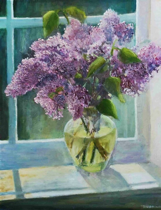 Malarstwo zatytułowany „Lilacs in vase” autorstwa David Donnelly, Oryginalna praca, Olej Zamontowany na Drewniana rama noszy