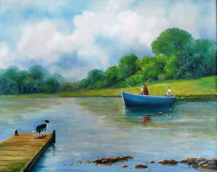 Pittura intitolato "Fishing on Lough Ow…" da David Donnelly, Opera d'arte originale, Olio