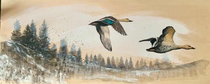 Malarstwo zatytułowany „Flying towards free…” autorstwa Deborah Kerner, Oryginalna praca, Akryl Zamontowany na Drewniana ram…