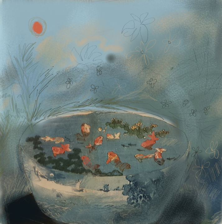 Digital Arts titled "Poissons au clair d…" by Catherine Delmas Lett, Original Artwork, Digital Painting