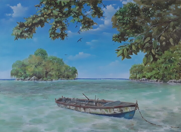 Painting titled "Côté Caraïbes" by Philippe Demory, Original Artwork, Oil Mounted on Wood Stretcher frame