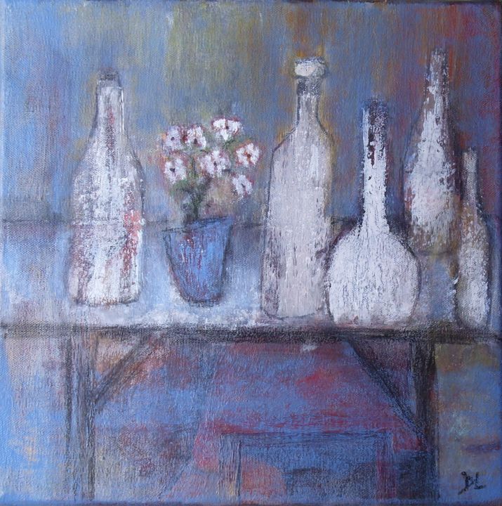 Painting titled "le petit pot bleu" by Denise Louin-Lecoeur, Original Artwork, Acrylic