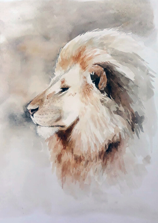 Painting titled "Watercolor lion" by Ramona Pepegna Bianchini, Original Artwork, Watercolor