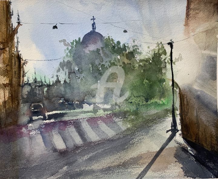 Painting titled "Городской пейзаж 3" by Dganna, Original Artwork, Watercolor