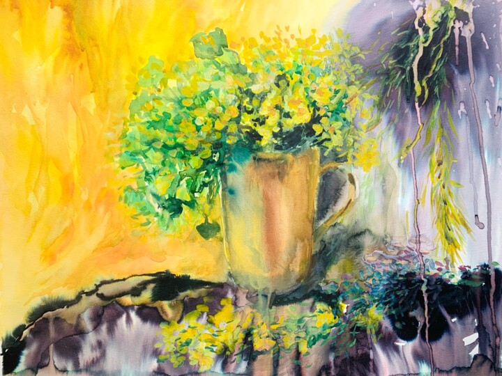 Malerei mit dem Titel "Marsh-marigold" von Diana Mazjane, Original-Kunstwerk, Aquarell