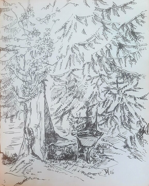 Zeichnungen mit dem Titel "Vimpère l'étang, 20…" von Diane Medus, Original-Kunstwerk, Tinte