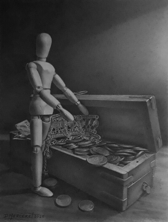 Dessin intitulée "Le coffre" par Didier Merceret, Œuvre d'art originale, Crayon Monté sur Autre panneau rigide