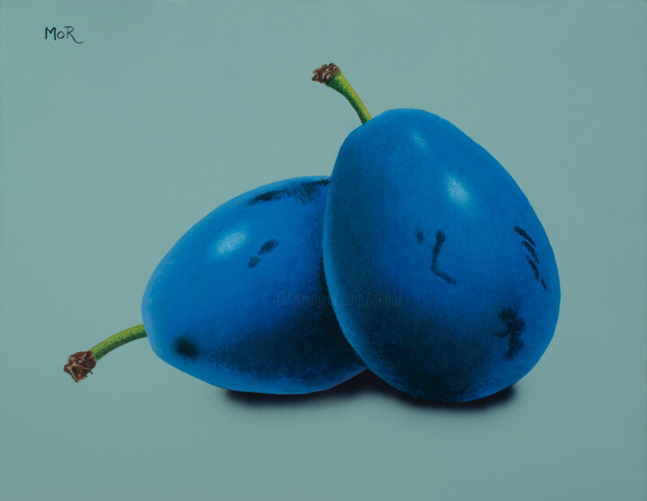 Painting titled "Plums in Blue Mood" by Dietrich Moravec, Original Artwork, Acrylic