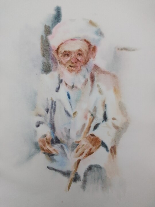 Pintura intitulada "Kind old man" por Dilshod Khudayorov, Obras de arte originais, Aquarela