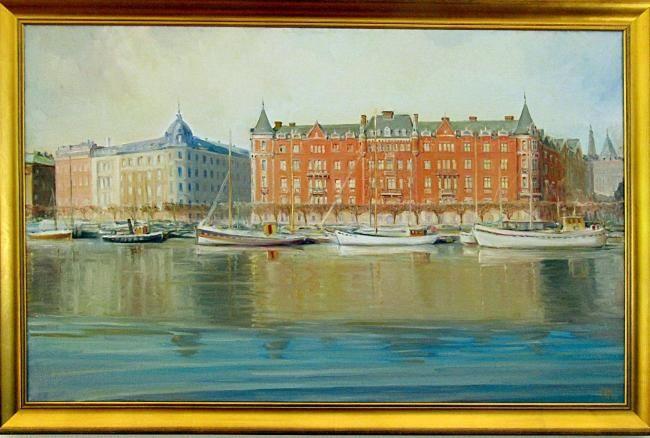 Schilderij getiteld "Quay Stockholm." door Dimitri Zukov Art Of Color, Origineel Kunstwerk, Olie