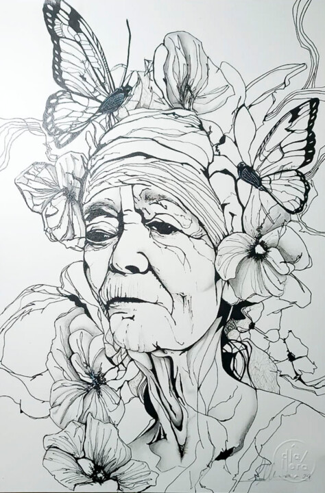 Dibujo titulada "VERY OLD WOMAN" por Dla.Llera, Obra de arte original, Tinta