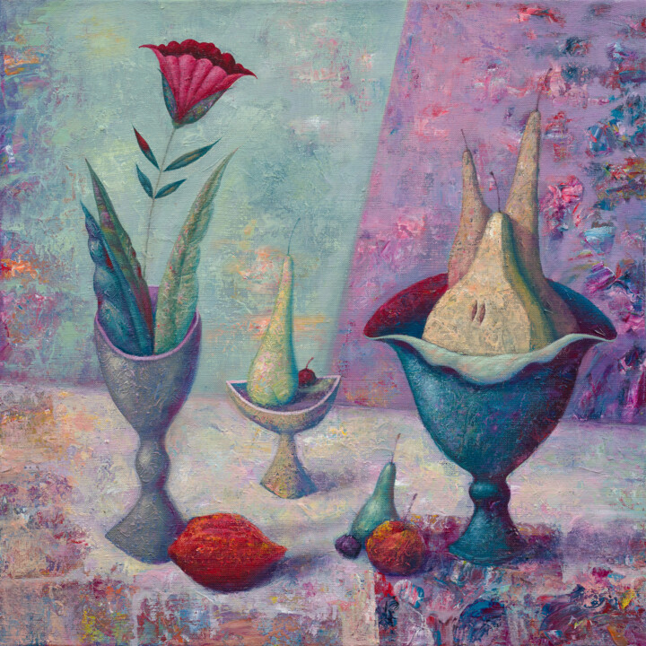 Painting titled "Lilac still life." by Dmitrii Ryzhikov, Original Artwork, Acrylic Mounted on Wood Stretcher frame