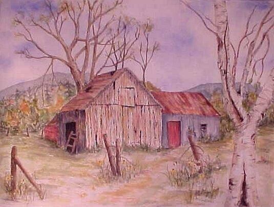 Peinture intitulée "Barn and birch Trees" par Dolores Fegan, Œuvre d'art originale