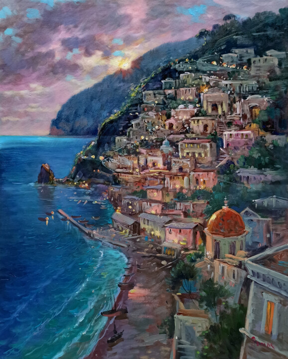 Pintura titulada "Sunset on the coast…" por Domenico Ronca, Obra de arte original, Oleo Montado en Bastidor de camilla de ma…