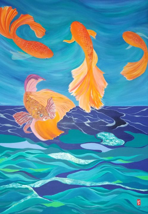 Malarstwo zatytułowany „Mystérieux poissons…” autorstwa Dominique Hernandez, Oryginalna praca, Akryl