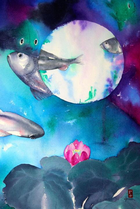 「Luna llena y peces」というタイトルの絵画 Dominique Hernandezによって, オリジナルのアートワーク, 水彩画