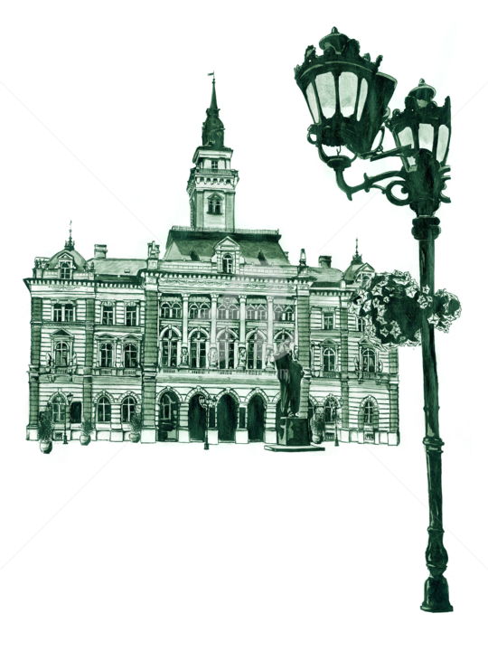 Drawing titled "Novi Sad City Hall" by Dragoslav Čupić, Original Artwork, Ink