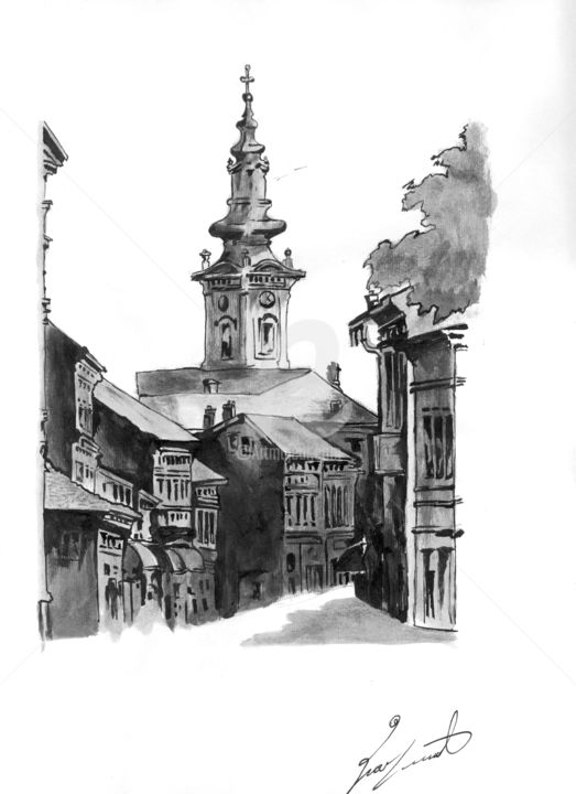 Drawing titled "Pasiceva street" by Dragoslav Čupić, Original Artwork, Ink