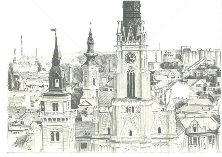 Drawing titled "The roofs of Novi S…" by Dragoslav Čupić, Original Artwork, Pencil