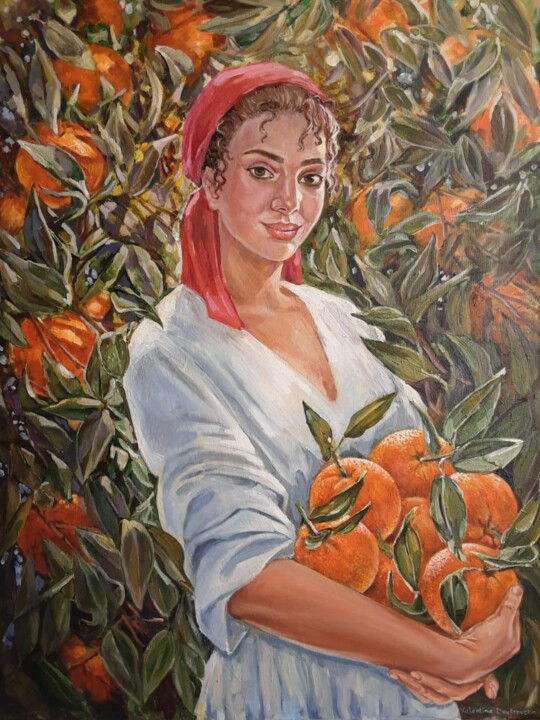 Painting titled "Au cœur de l'orange…" by Valentyna Dubrovska, Original Artwork, Oil