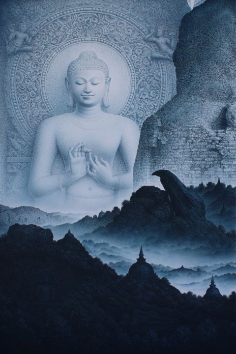 Schilderij getiteld ""Buddha beyond time"" door Dusit Jaiban, Origineel Kunstwerk, Olie