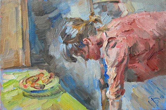 Malarstwo zatytułowany „On the kitchen” autorstwa Dmitry Veltishchev, Oryginalna praca, Olej