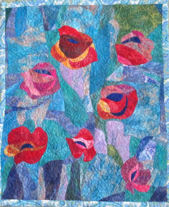 Textile Art titled "Evening roses" by Elena Potapova, Original Artwork, Patchwork