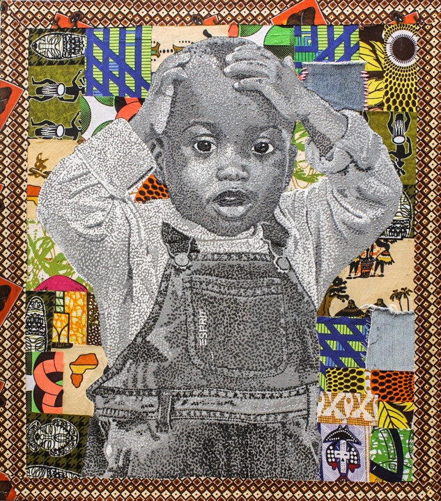 Malarstwo zatytułowany „Deep thoughts” autorstwa Ebedmelech Nzume Tsala, Oryginalna praca, Tkanina