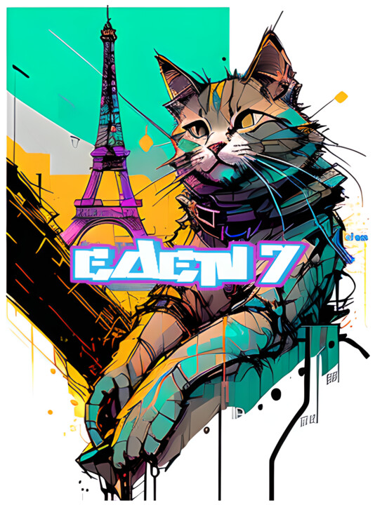 Arte digitale intitolato "Cat in Paris Eiffel" da Edenseven Graffiti Street Art, Opera d'arte originale, Pittura digitale