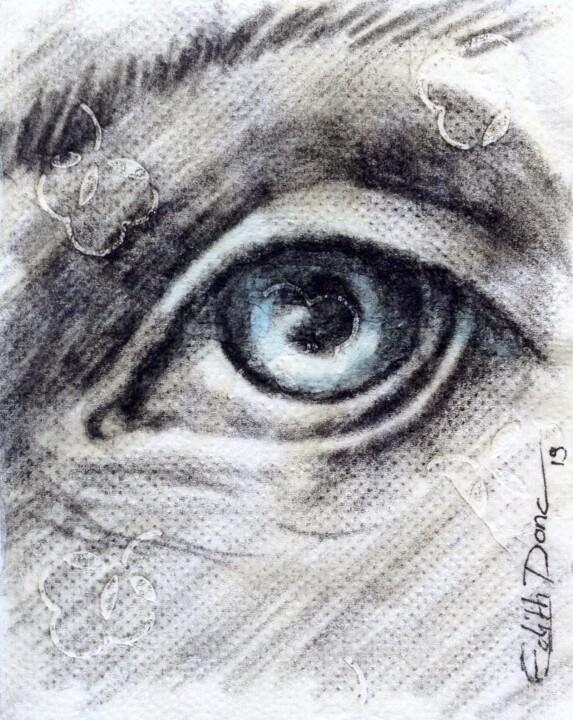 Zeichnungen mit dem Titel "Oeil 2" von Edith Bos Boyer (EDITH DONC), Original-Kunstwerk, Kohle